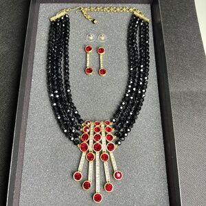 HEIDI DAUS "AN AFFAIR TO REMEMBER" 4 STRAND NECKLACE & EARRINGS SET Black & Red